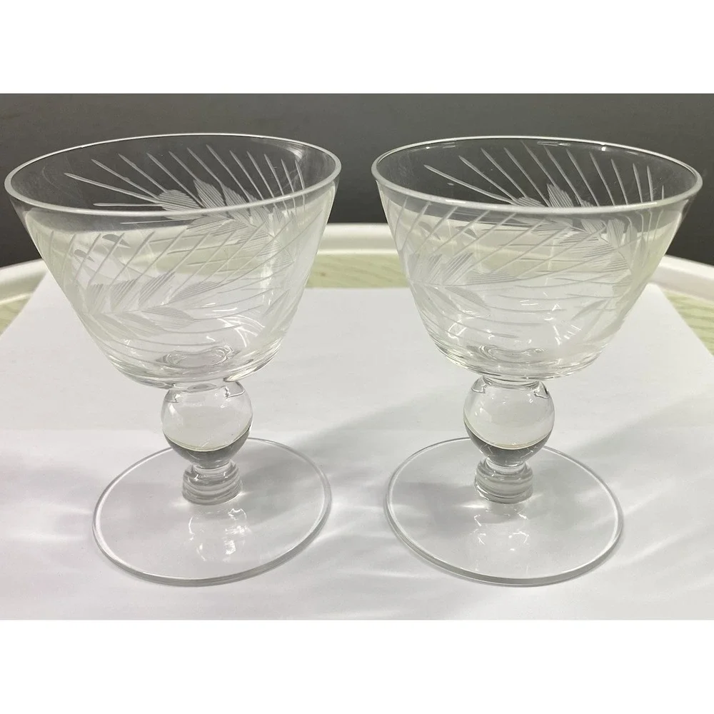 2 Vintage Libbey Cocktail Glasses Etched Wheat‎ Pattern Sipper 3.74